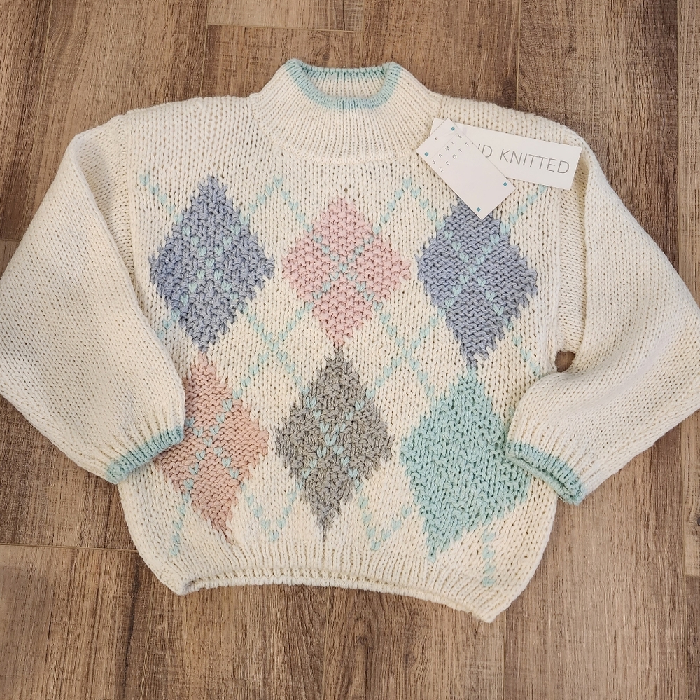 Jamie Scott Vintage Hand Knit Argyle Sweater, Womens Medium, NWT, Pullover